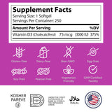 Zahler Vitamin D3 3000IU – embalaje de 250 cápsulas, suministro práctico.