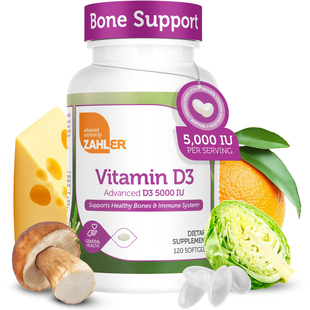 Zahler Vitamina D3 5000 Unidades Internacionales, cápsulas blandas, frasco: apoyo a la salud ósea.