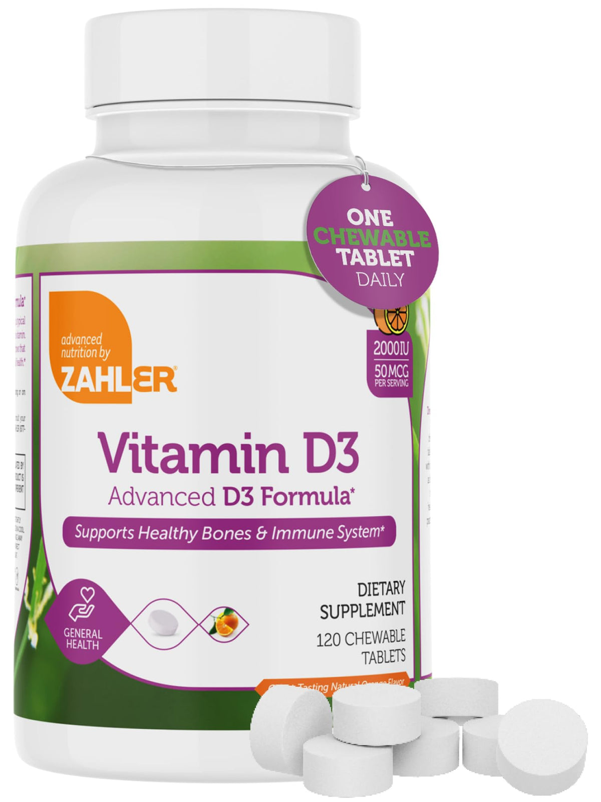 Zahler Vitamina D3 masticable 2000 UI, tableta naranja, apoyo a la salud ósea y muscular.