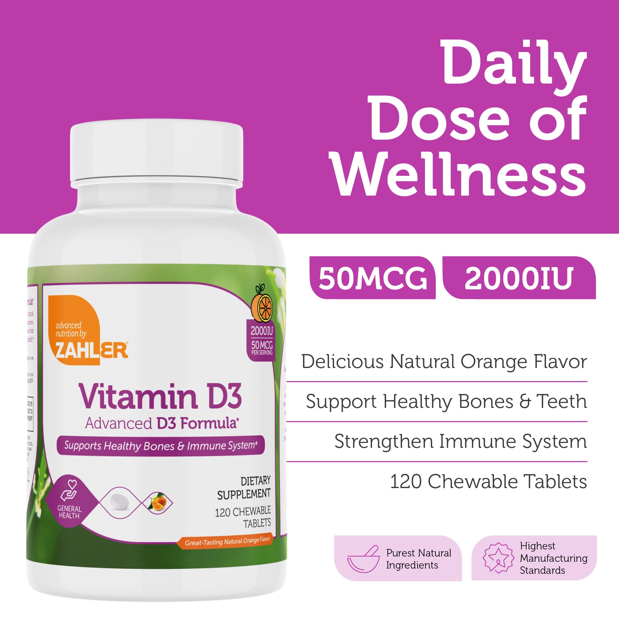 Zahler Vitamina D3 masticable, enfoque en absorción óptima, ideal para consumo diario.