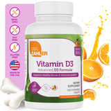 Zahler Vitamina D3 masticable, uso diario, sabor naranja para energía constante.
