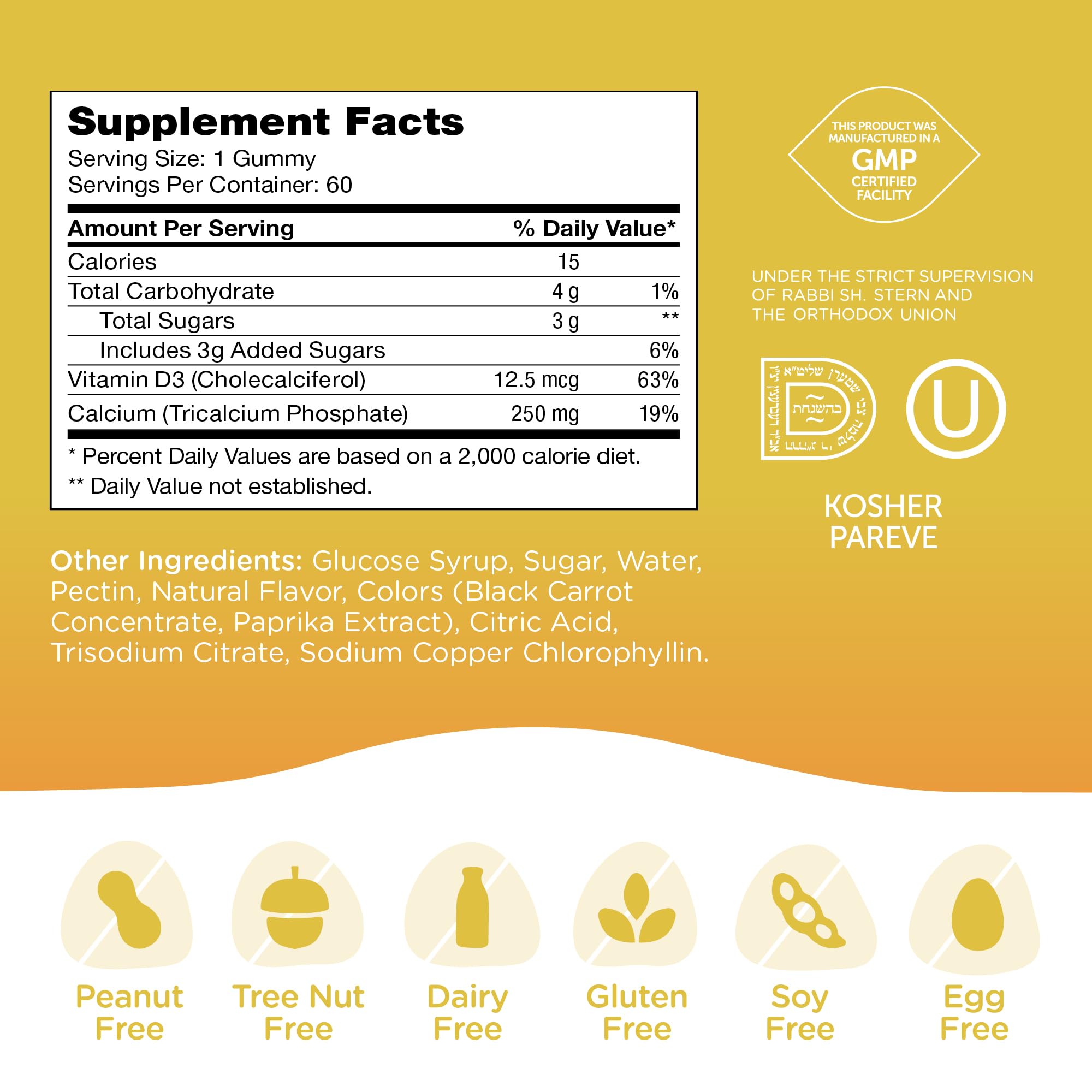 Zahler Yummy Kids Calcium Gummies sin OGM y sin gluten, opción segura para dietas diversas.