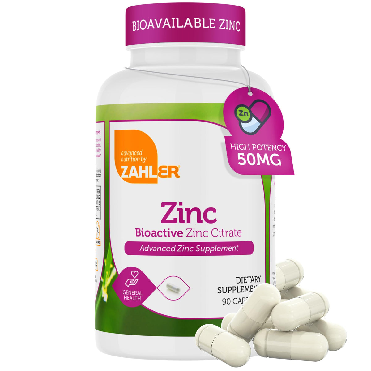 Zahler Zinc 50 mg, botella vista frontal, apoyo inmune y salud general.