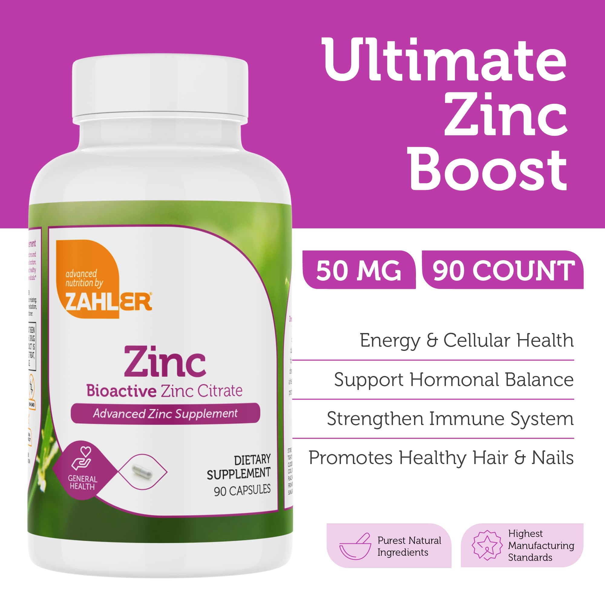 Detalle de etiqueta Zahler Zinc 50 mg con citrato bioactivo.