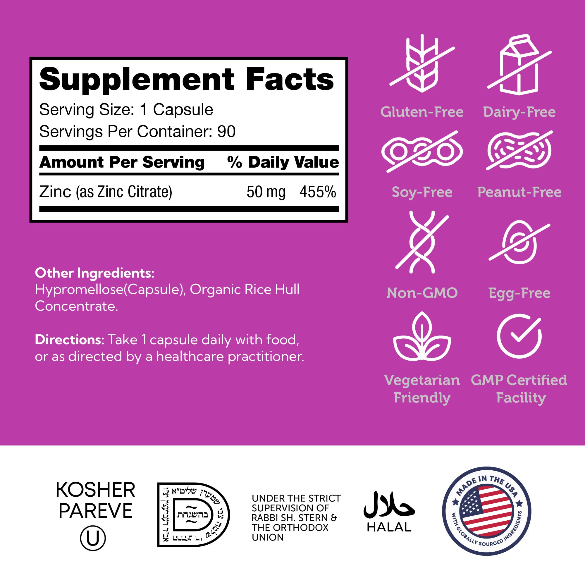 Producto Zahler Zinc 50 mg, elaborado en Estados Unidos para uso diario.