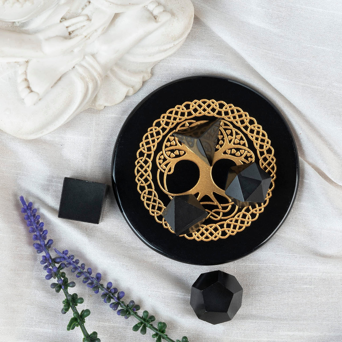 zaicus solidos platónicos de tourmalina negra, conjunto completo para meditación y equilibrio energético.