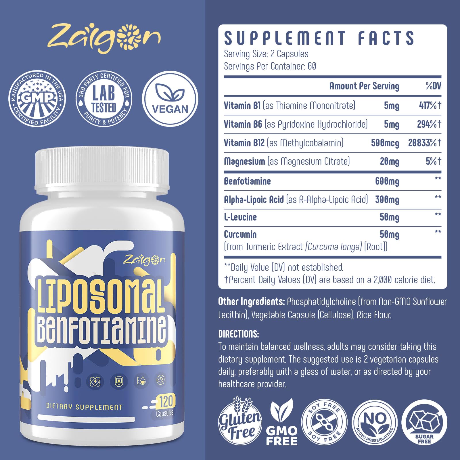 Etiqueta de Zaigon Benfotiamina destacando ingredientes clave