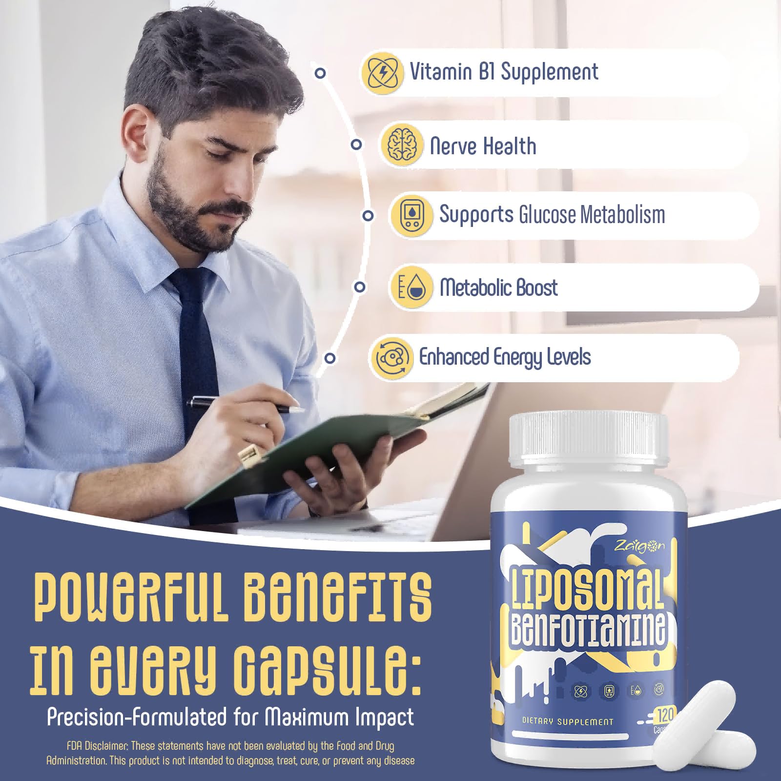 Envase liposomal de Zaigon Benfotiamina para mayor biodisponibilidad.