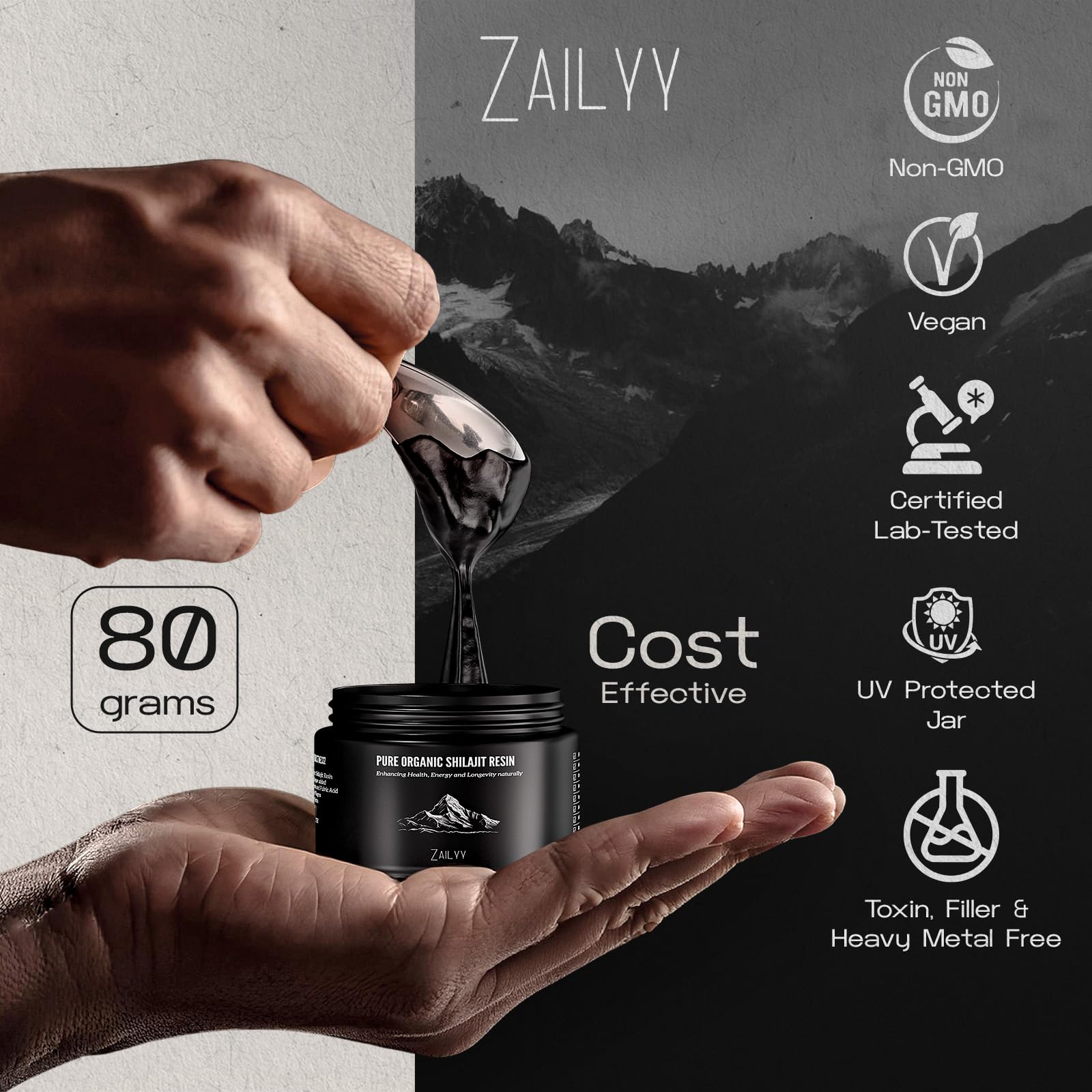 Etiqueta orgánica de ZAILYY Shilajit Resin con certificaciones