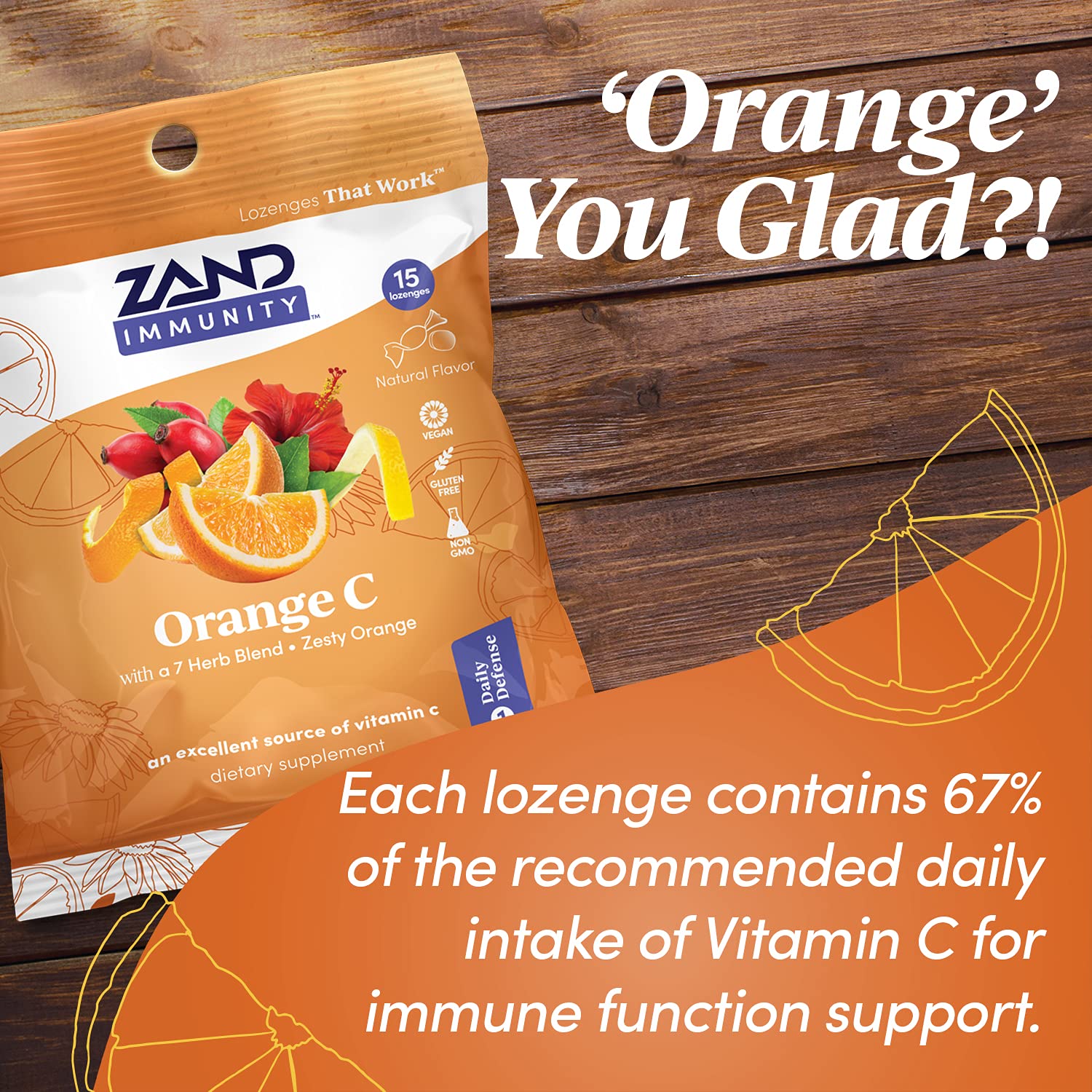 Extractos herbales de ZAND Immunity Naranja C para confort de garganta.