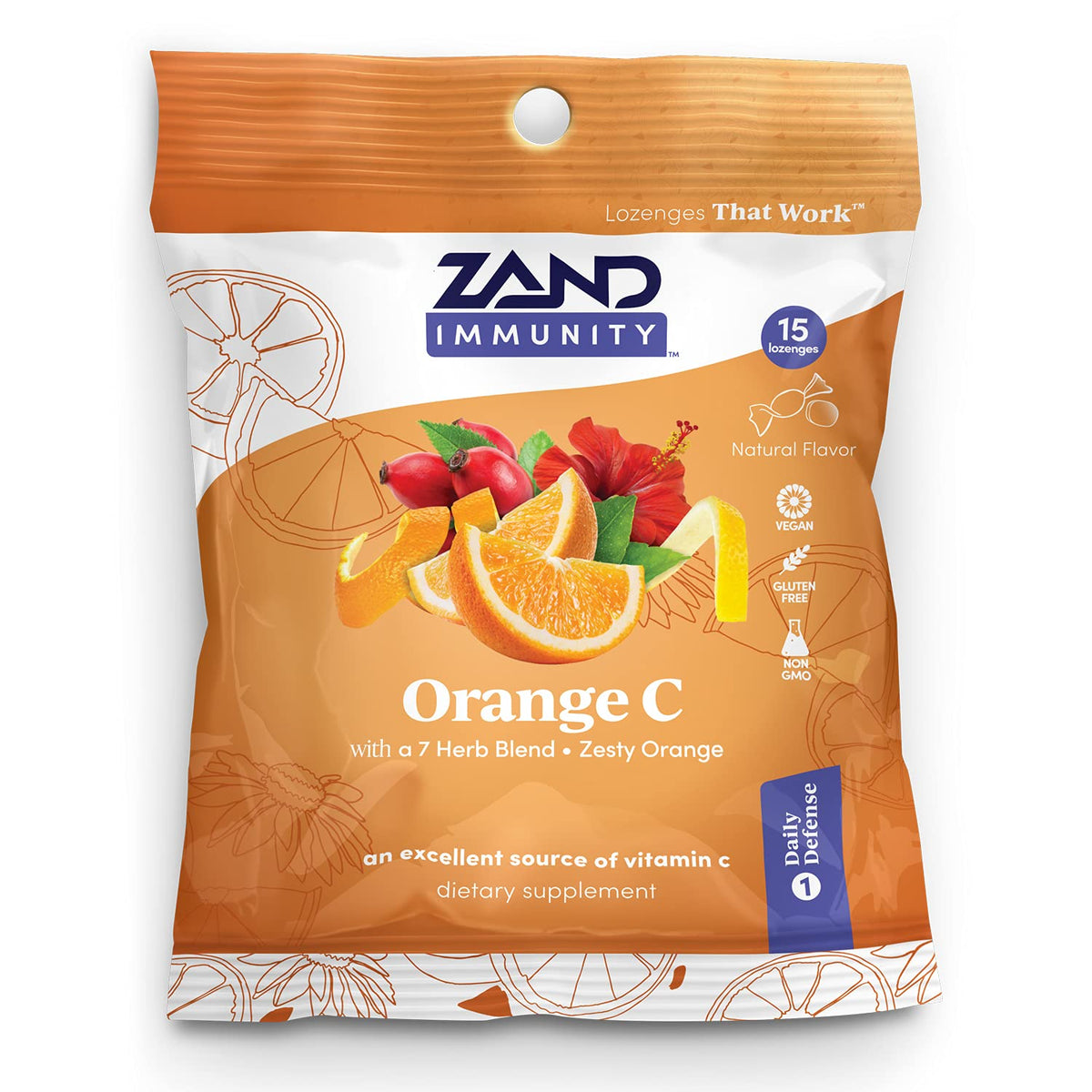 Pastillas ZAND Immunity Naranja C para la garganta; alivio suave y sabor a naranja.