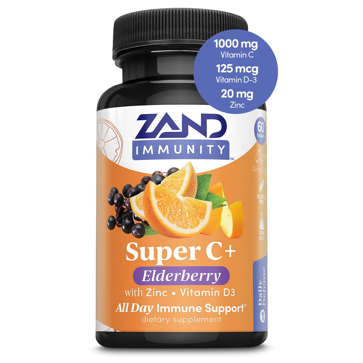 Zand Immunity Super C+ botella-vertido muestra apoyo inmune rápido para días ocupados.