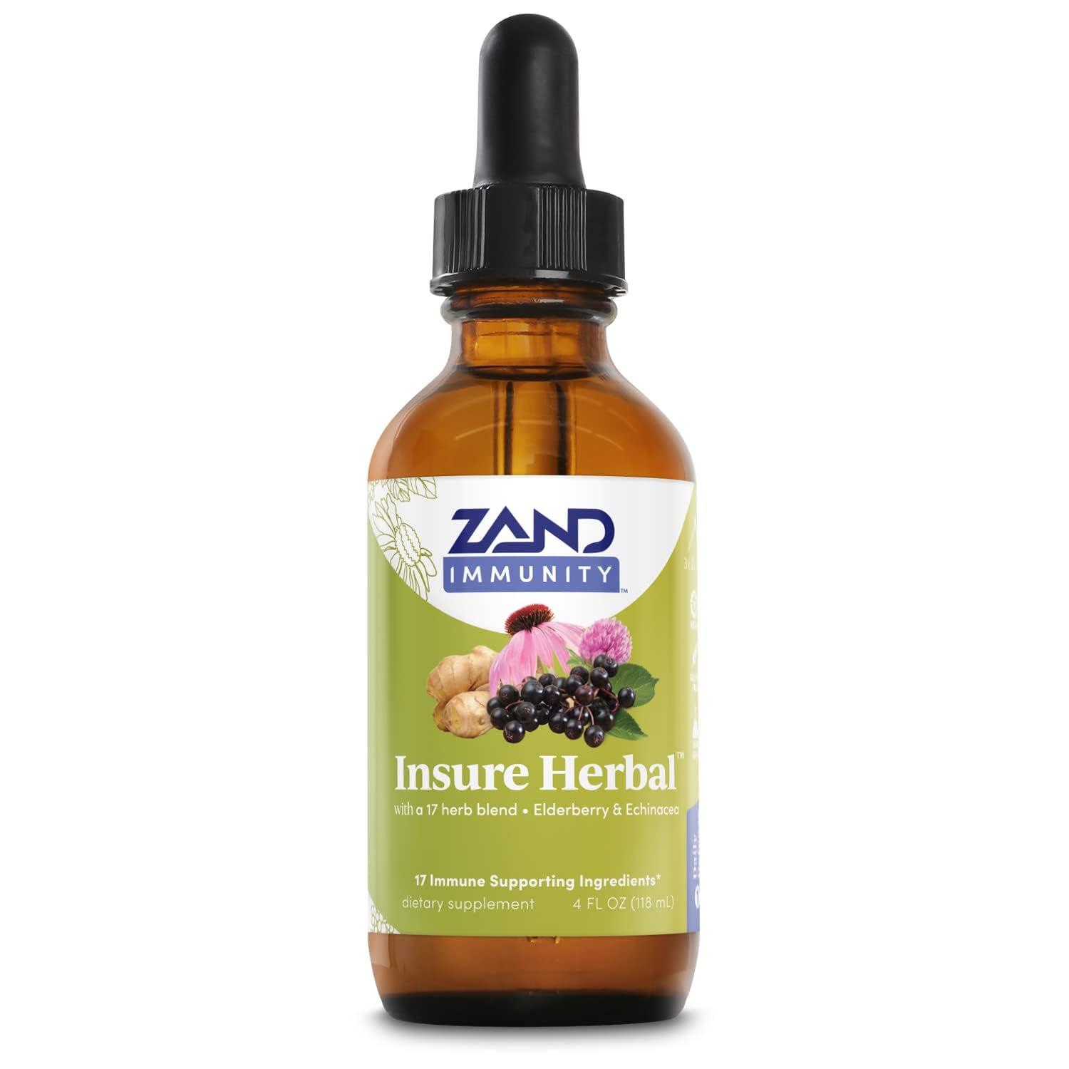 Botella de ZAND Insure Herbal con cuentagotas para dosis diaria.