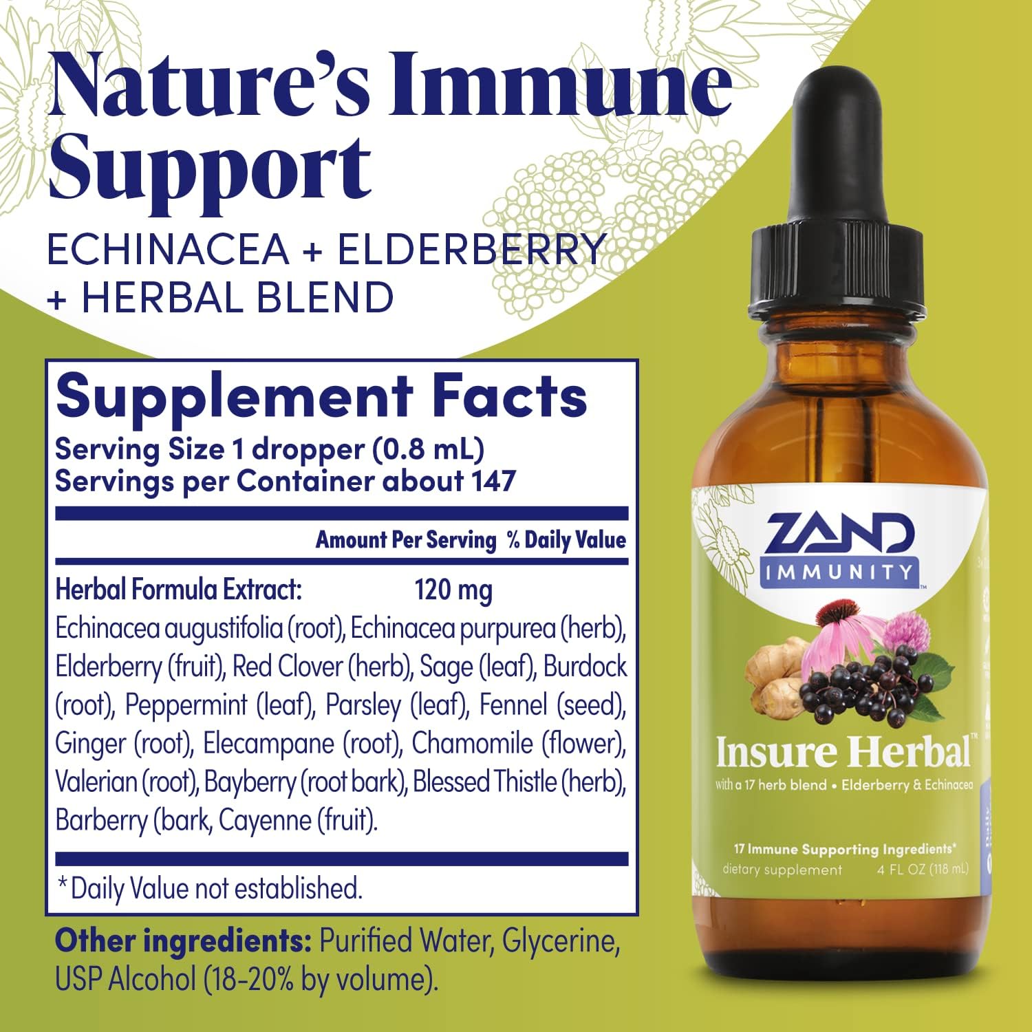 Etiqueta clara de ZAND Insure Herbal destacando 17 hierbas.