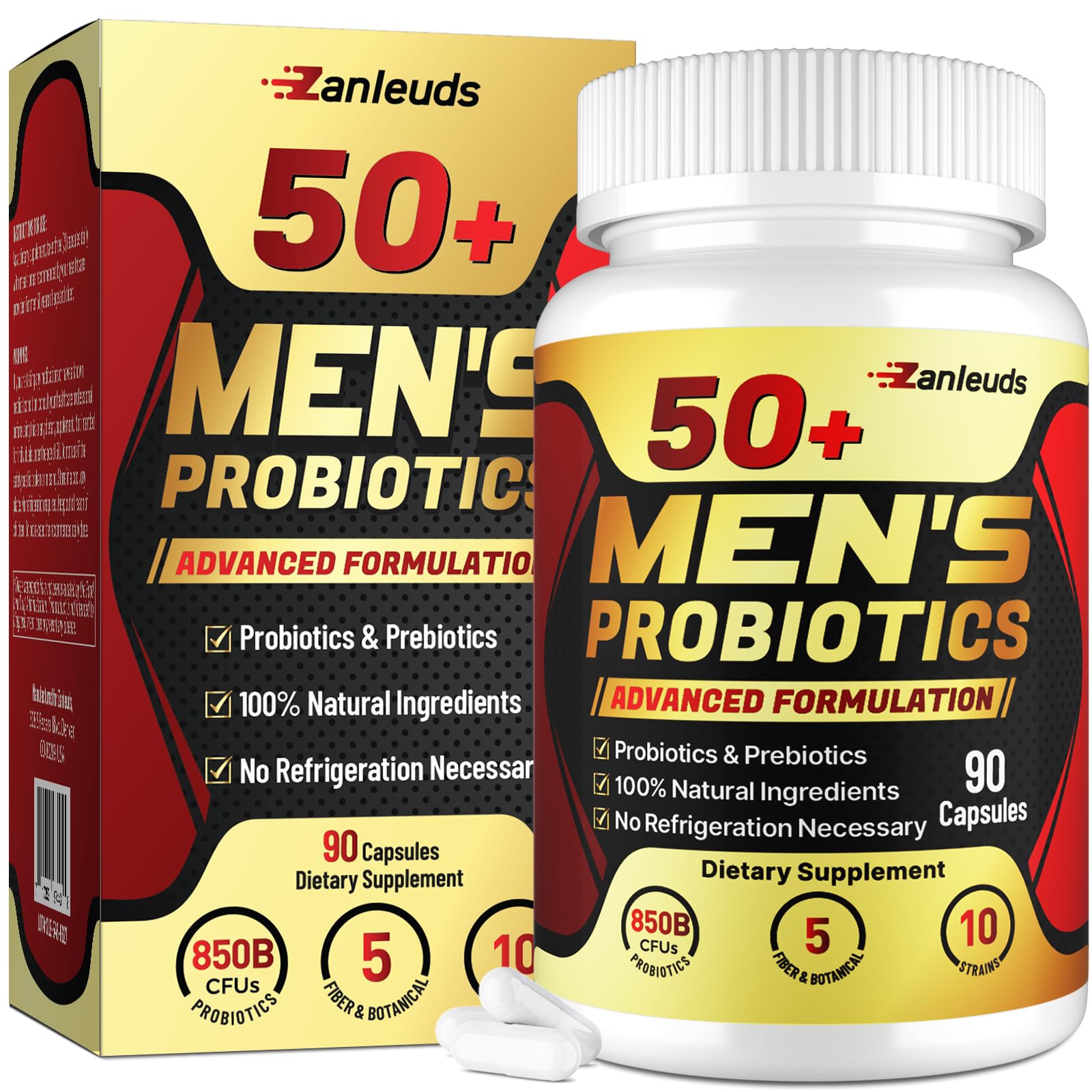 Zanleuds probióticos para hombres 50+, cápsulas en bote para digestión diaria.