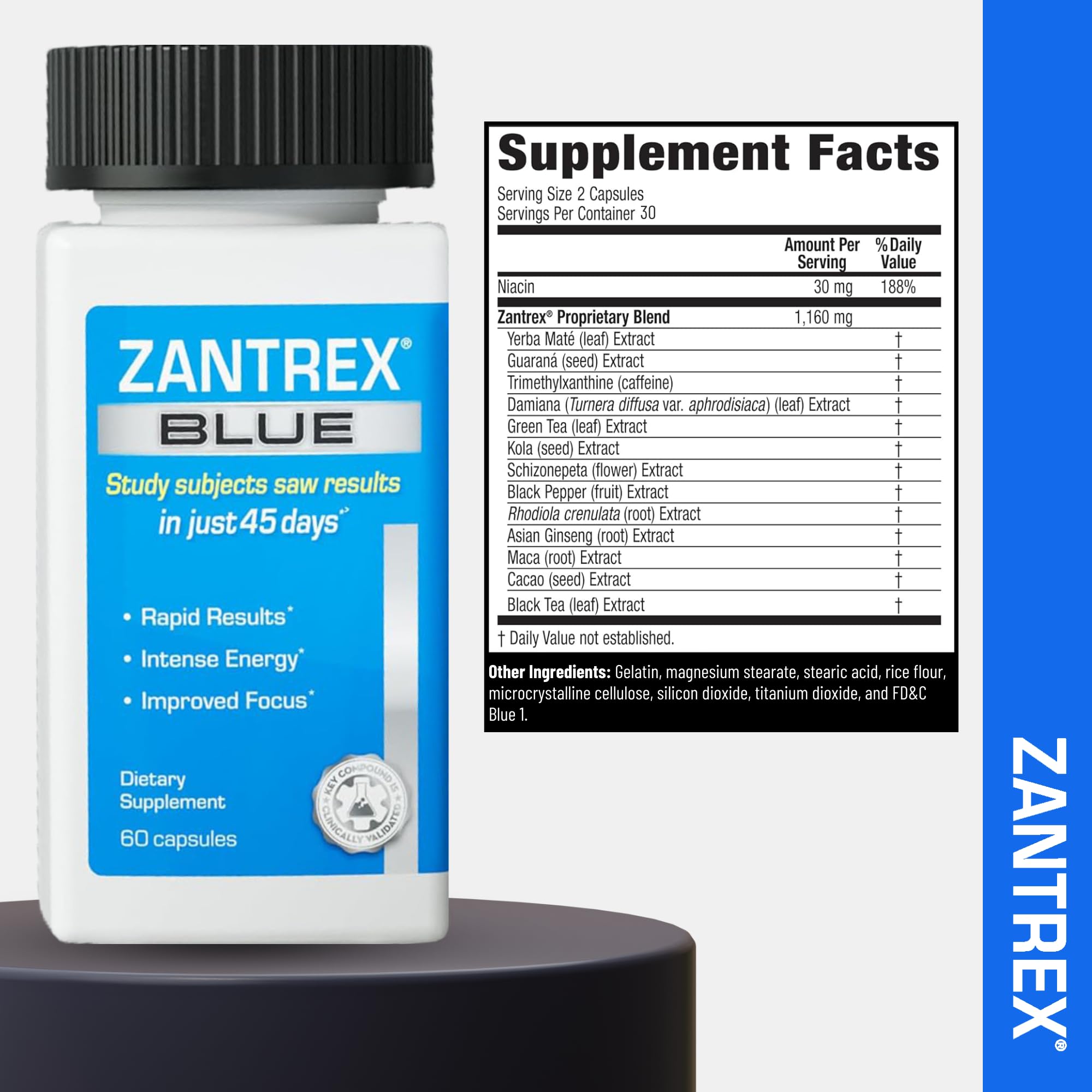 Cierre y etiqueta visibles de la fórmula Zantrex Blue.