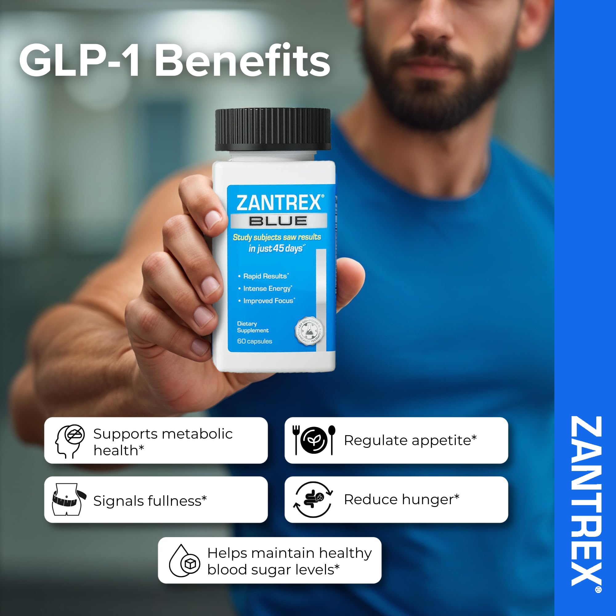 Etiqueta de Zantrex Blue en detalle, con ingredientes y beneficios.