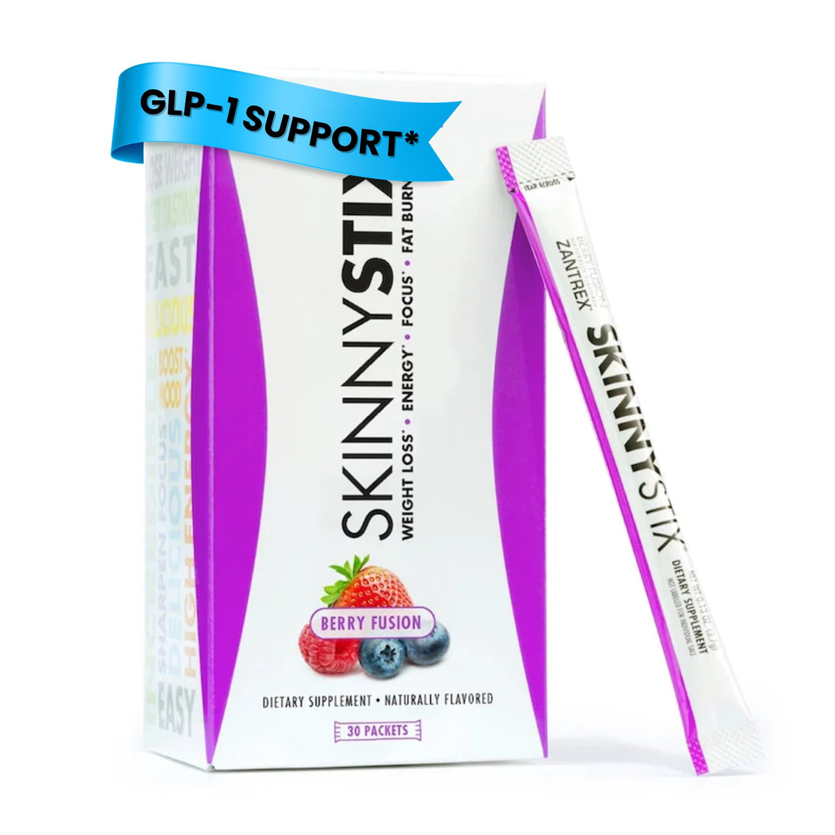 Zantrex SkinnyStix envase sabor baya, sabor refrescante y conveniente para llevar.