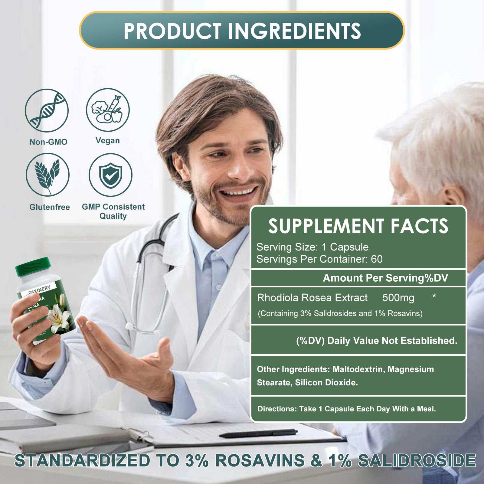 ZAXINERY Rhodiola envase vegetariano: cápsulas veganas fáciles de tragar