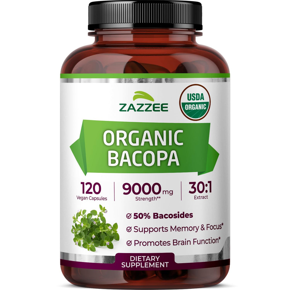 Bote de Zazzee Bacopa 30-1 extracto orgánico en envase de vidrio, fácil de usar.