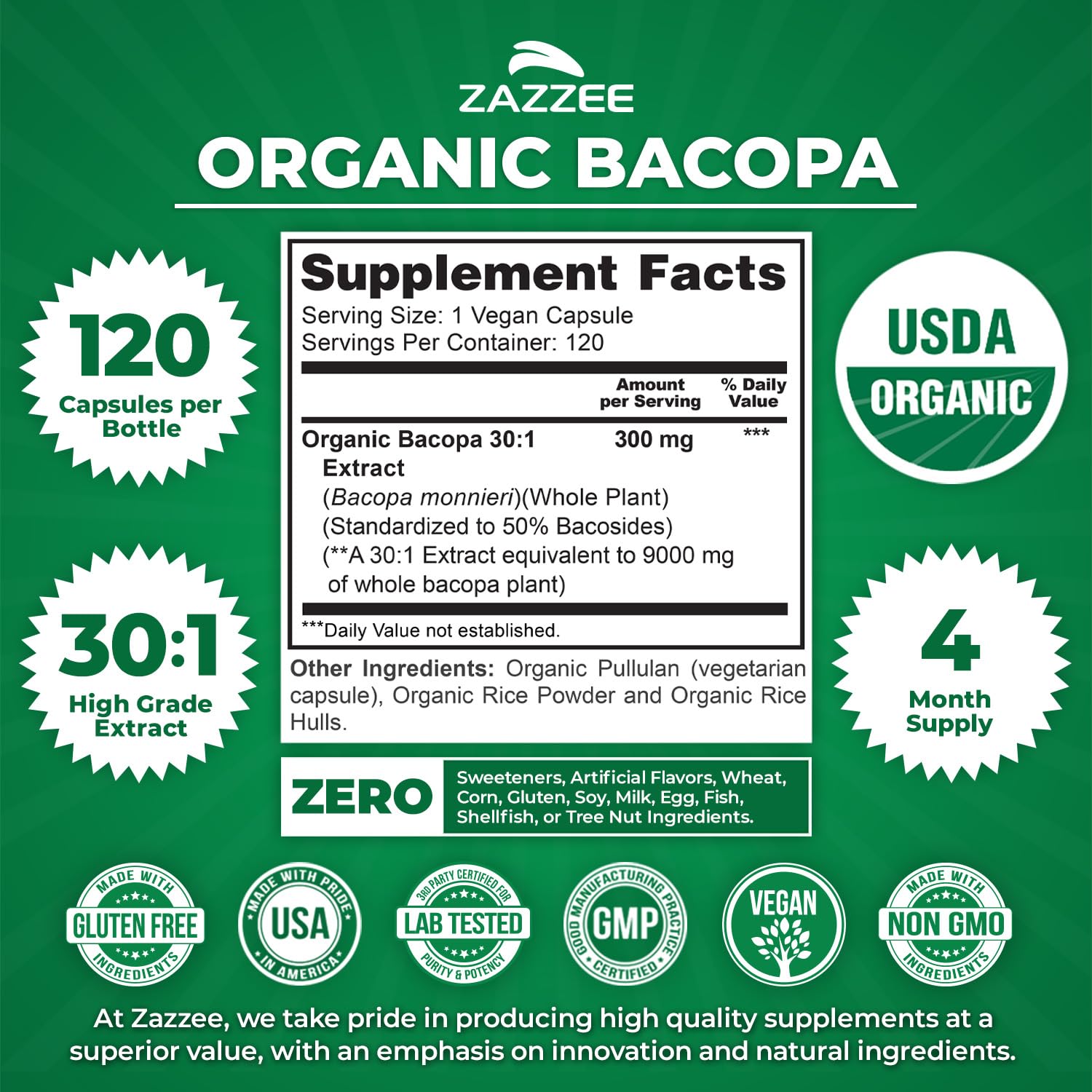 Etiqueta USDA Orgánica en Zazzee Bacopa destaca su pureza y respaldo orgánico.