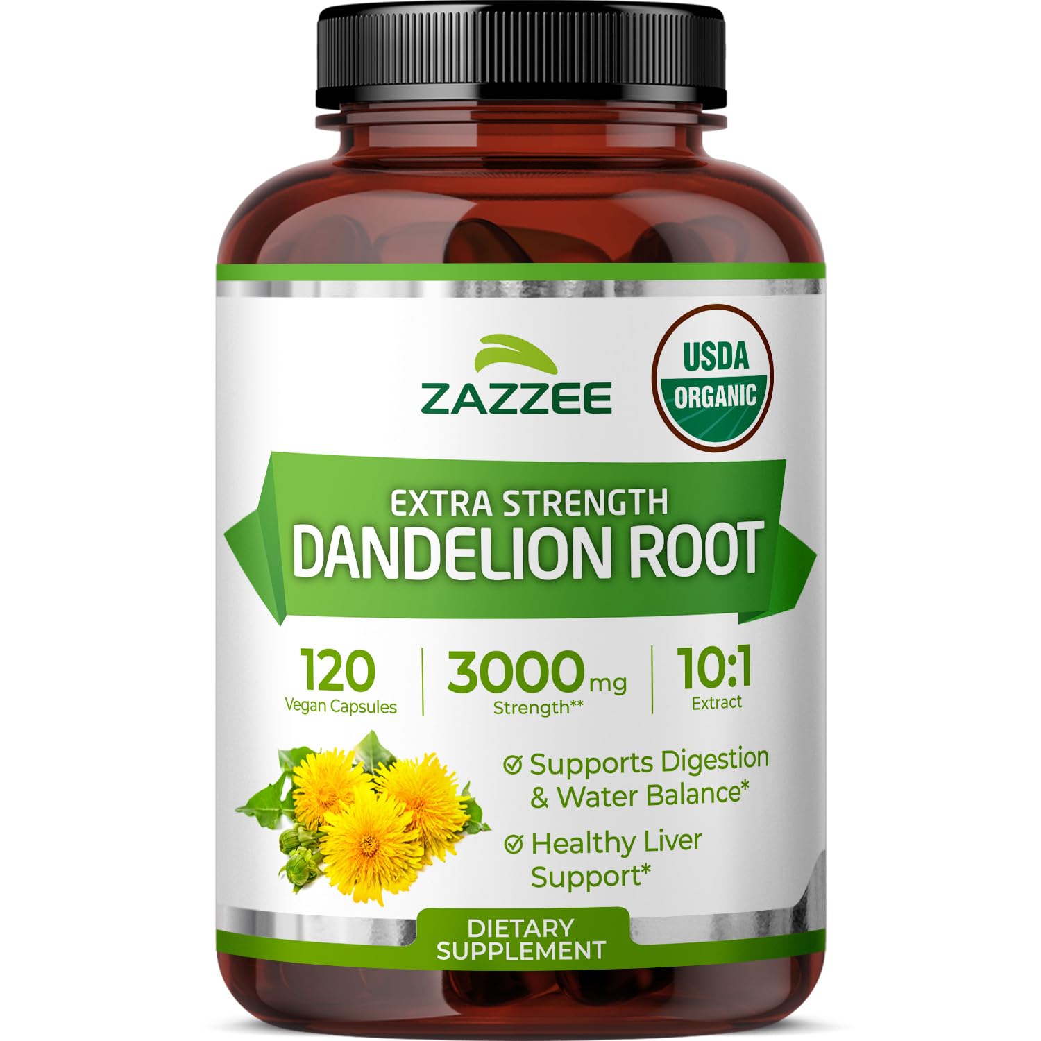Botella de Zazzee con extracto 10:1 de diente de león para uso diario.