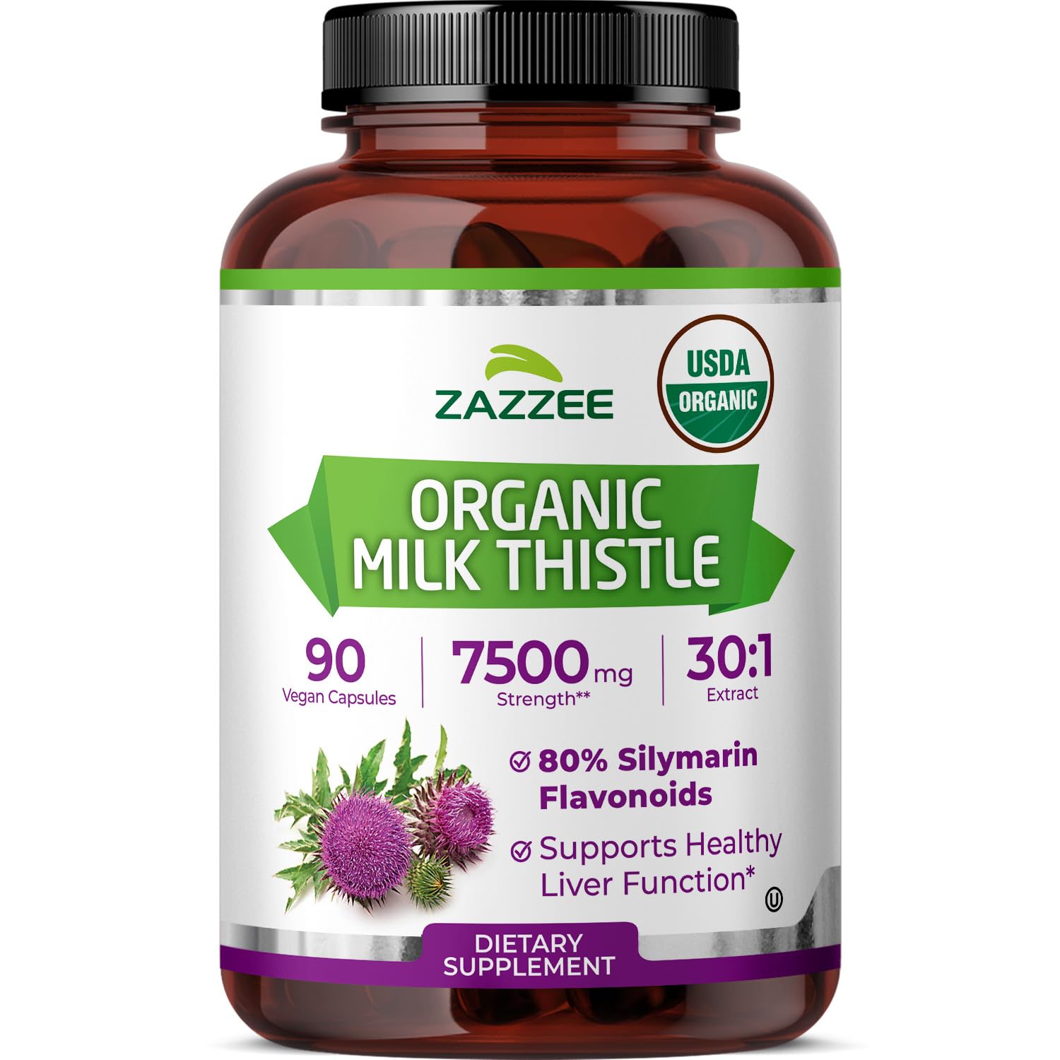 Zazzee Cardo Mariano extracto 30:1 en botella, ideal para un suministro de tres meses.