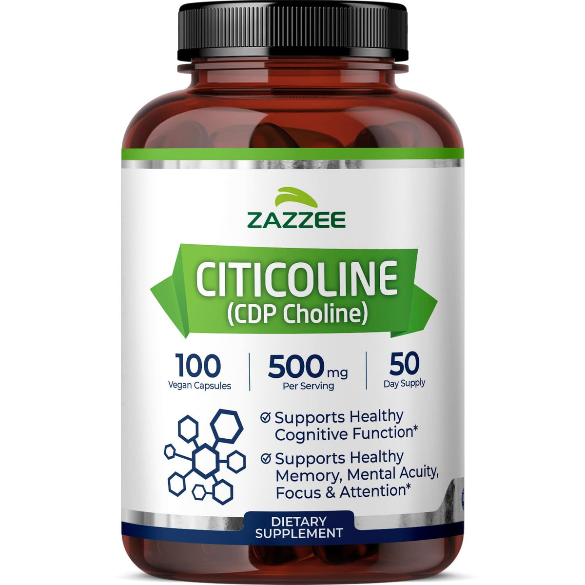 Zazzee Citicolina 500 mg, botella de cápsulas, posible apoyo a la concentración diaria.
