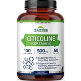 Zazzee Citicolina 500 mg, botella de cápsulas, posible apoyo a la concentración diaria.