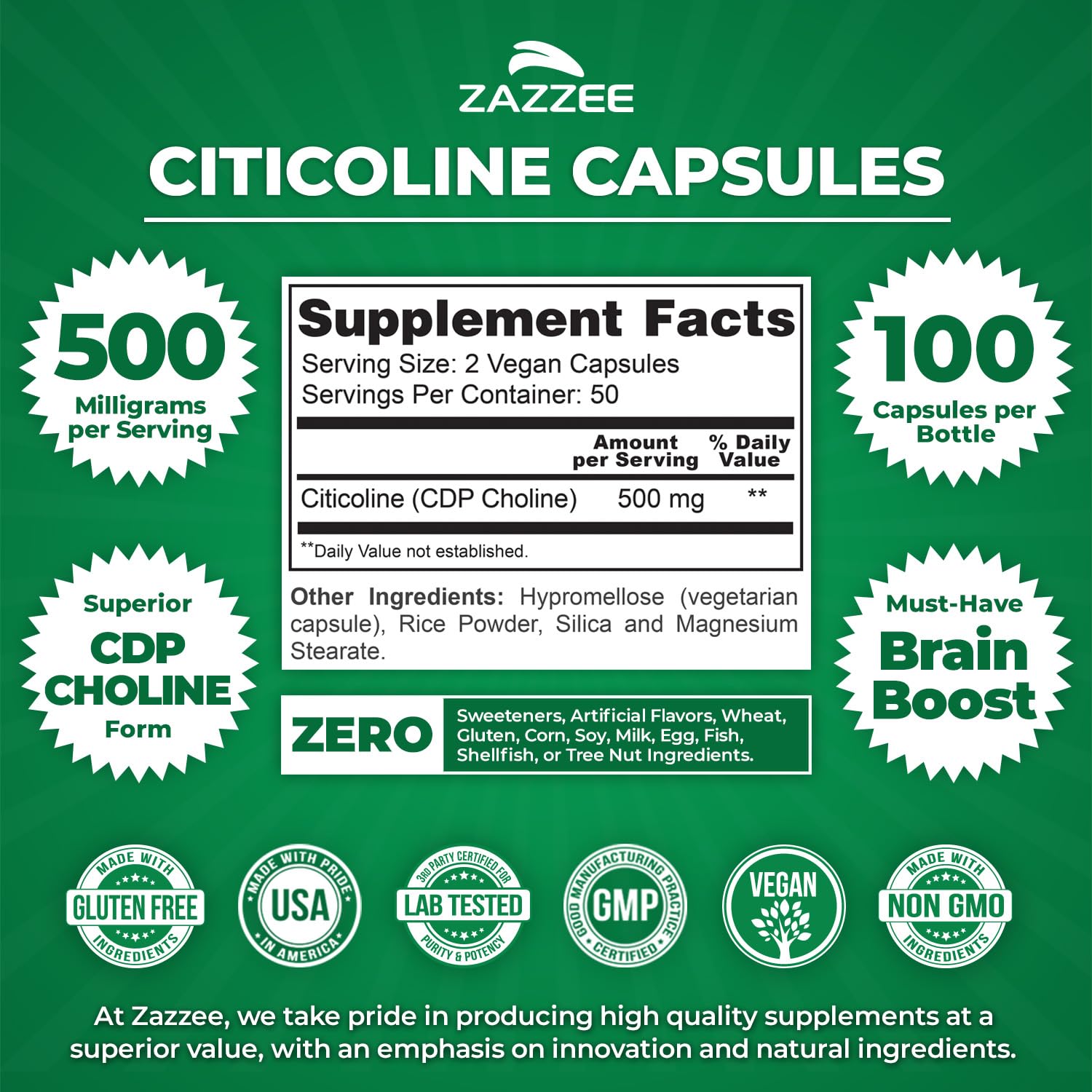 Zazzee Citicolina, etiqueta detallada, transparencia en ingredientes y origen.
