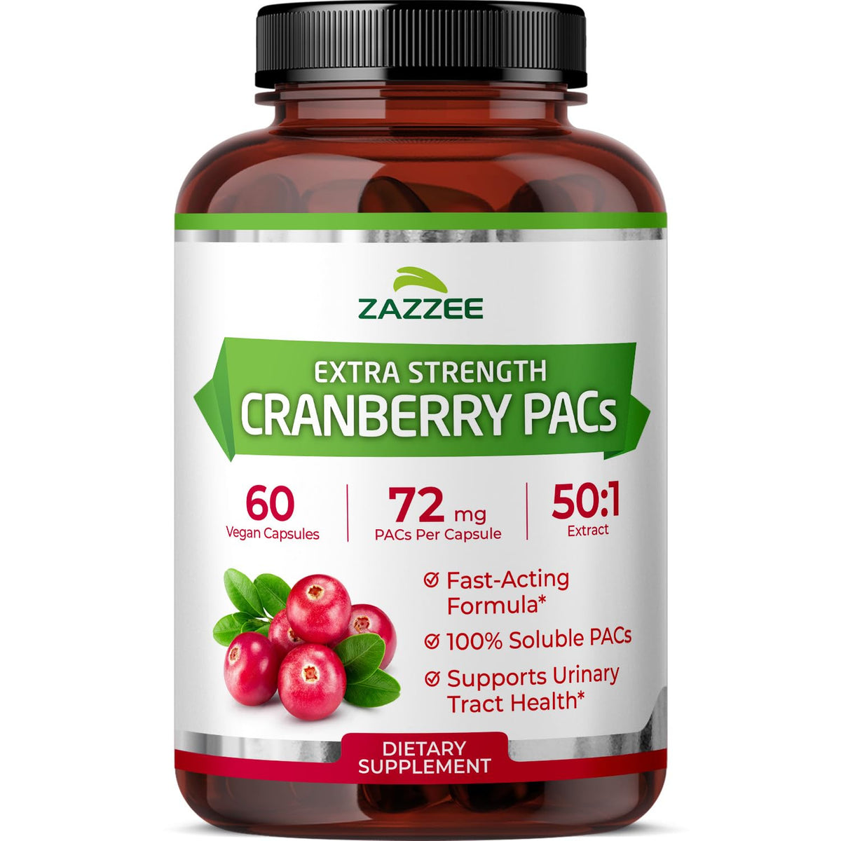 Zazzee Cranberry PACs: botella de 60 cápsulas para apoyo urinario diario.
