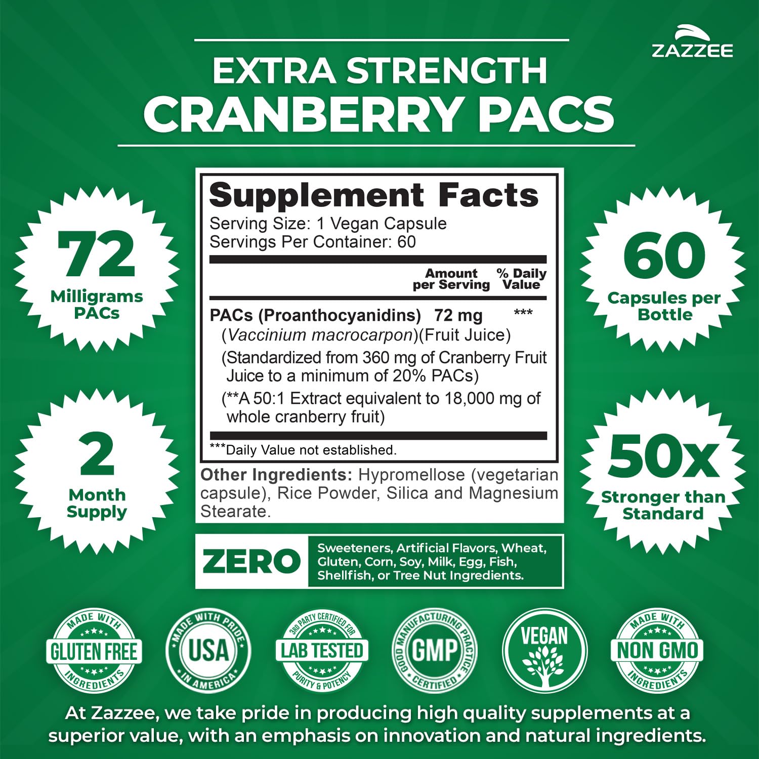 Cápsulas Zazzee Cranberry PACs de 72 mg para una dosis potente.