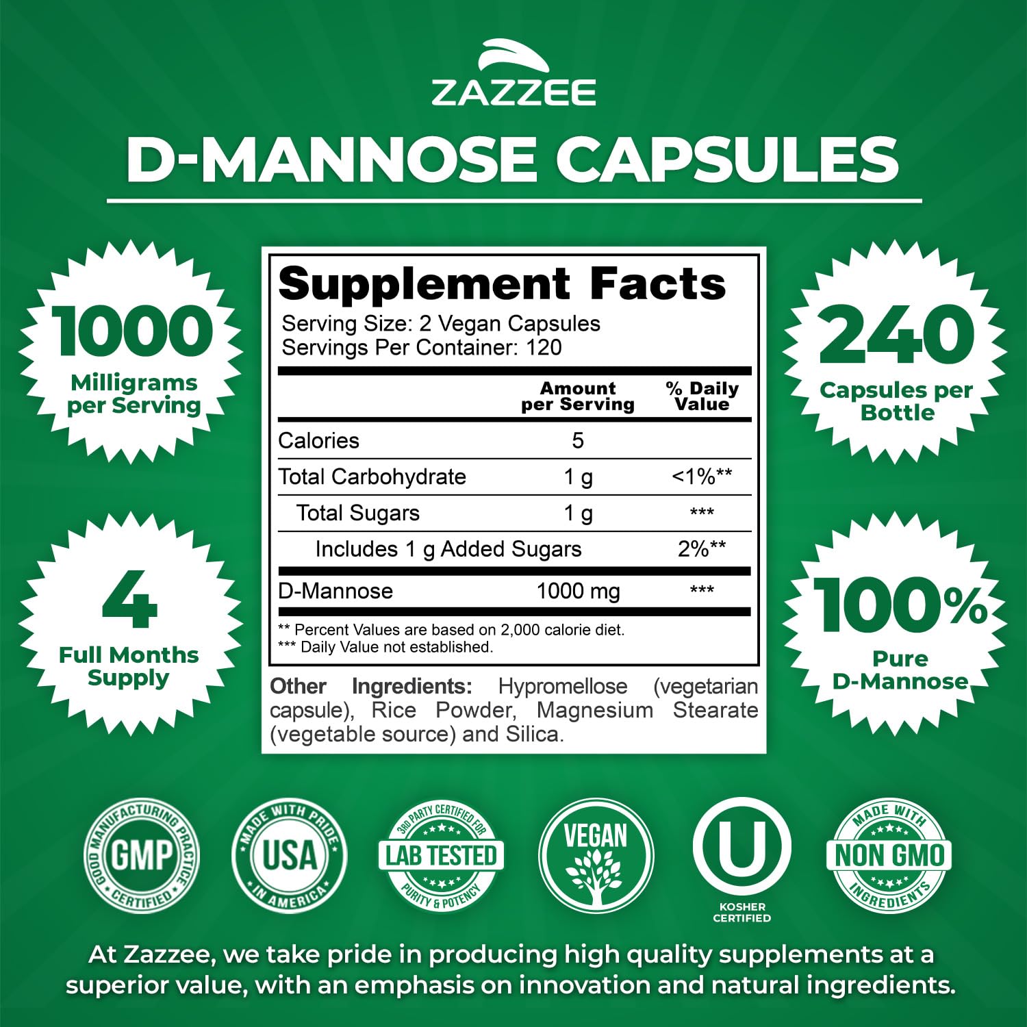 Capsulas Zazzee D-Mannose, ingesta simple para bienestar diario del tracto urinario.