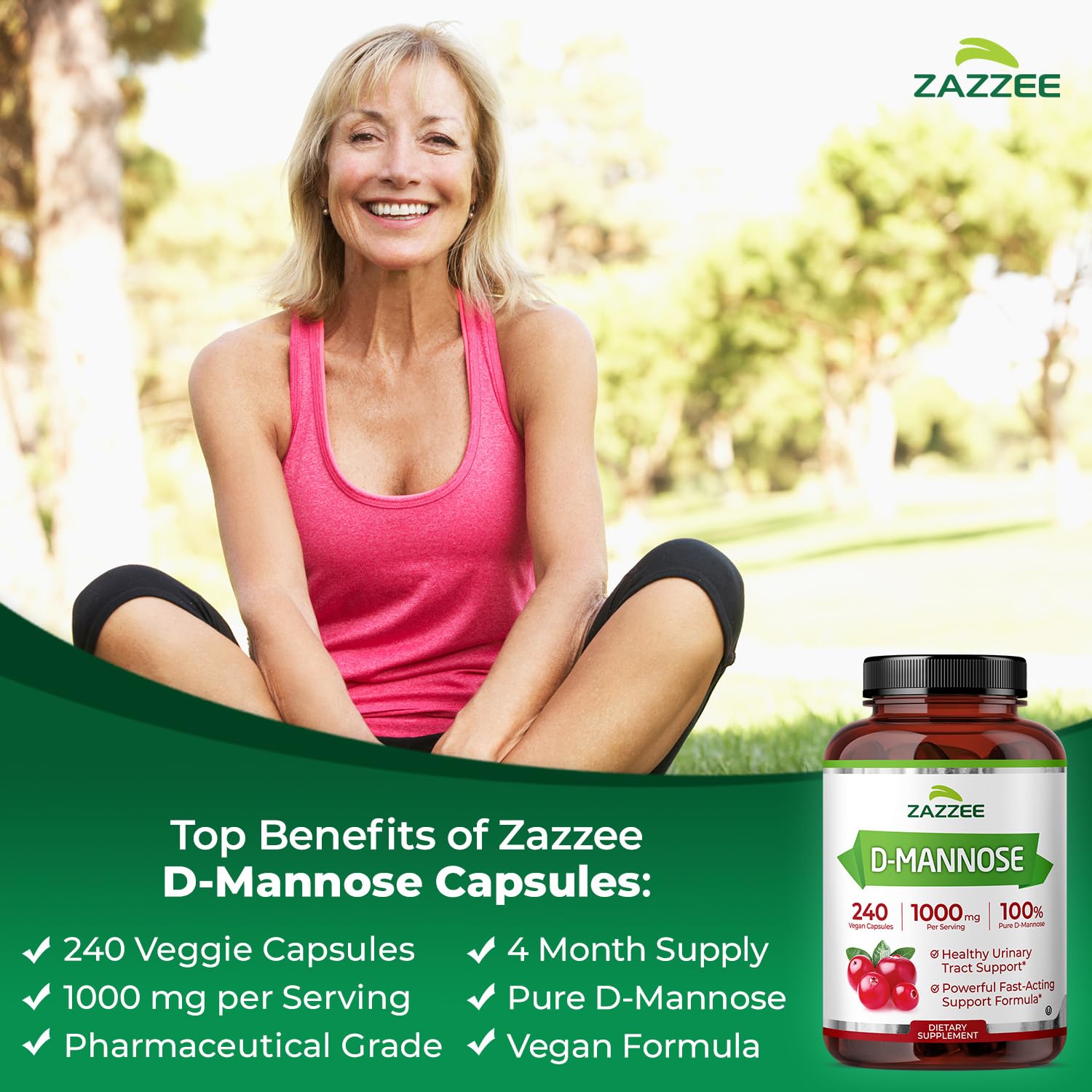 Etiqueta frontal de Zazzee D-Mannose, certificado kosher y vegetal para mayor confianza.