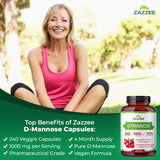 Etiqueta frontal de Zazzee D-Mannose, certificado kosher y vegetal para mayor confianza.