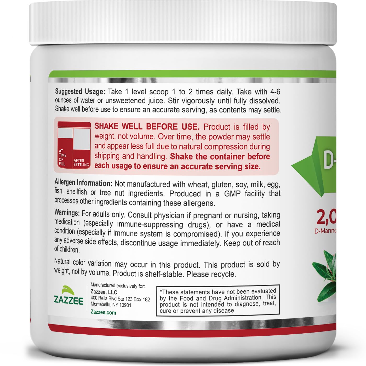 Zazzee D-Mannose certificado kosher con control de calidad en cada lote