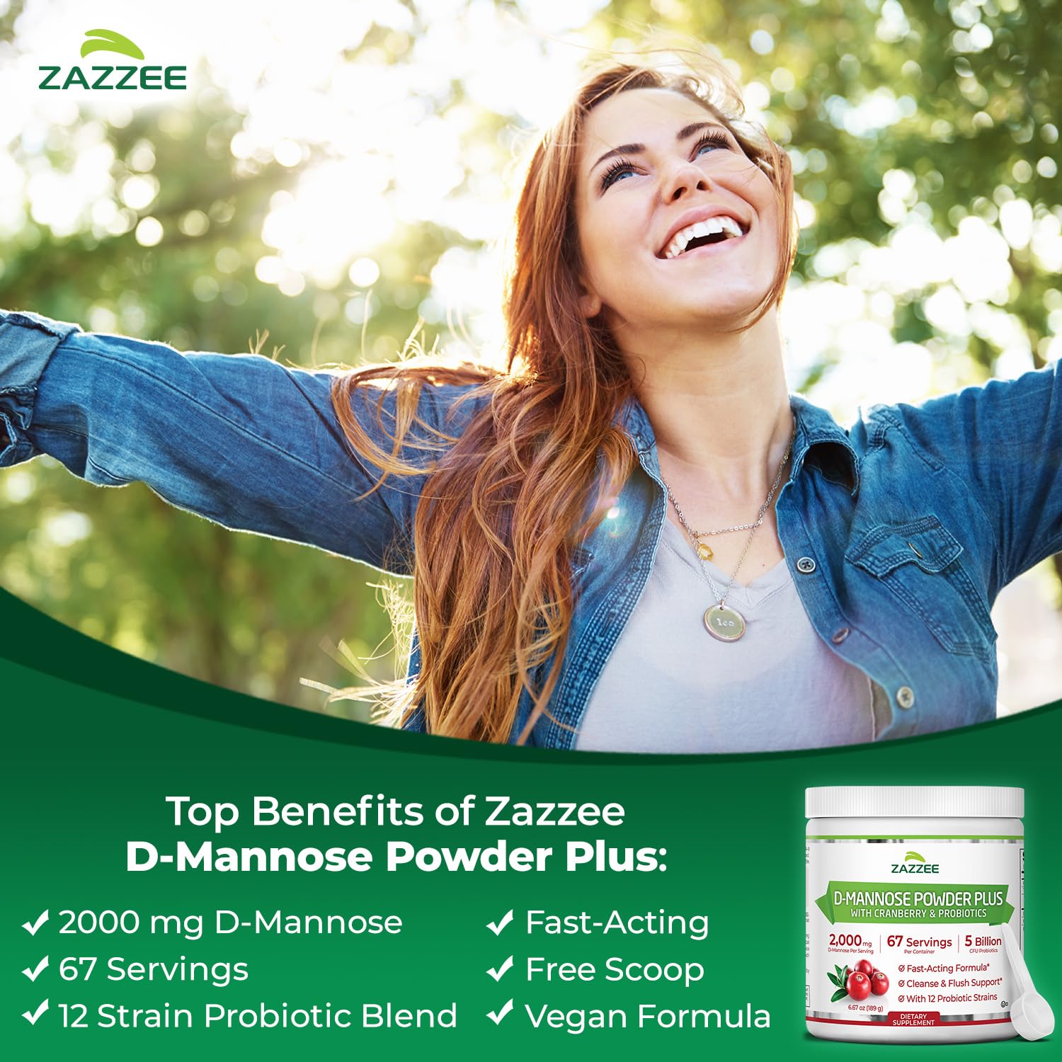 Zazzee D-Mannose con probióticos 5 mil millones para equilibrio intestinal