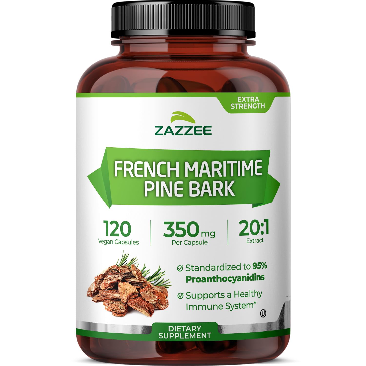 Zazzee extracto de pino marítimo francés, cápsula vegetariana de 350 mg para apoyo antioxidante
