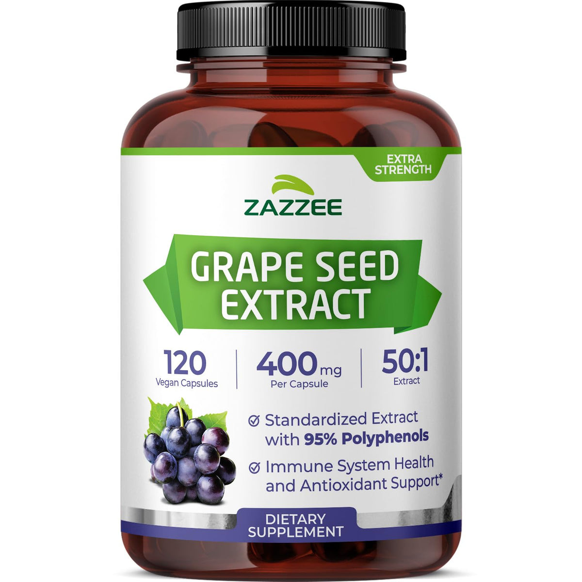 Zazzee extracto semilla de uva 50:1 en botella para apoyo antioxidante diario.