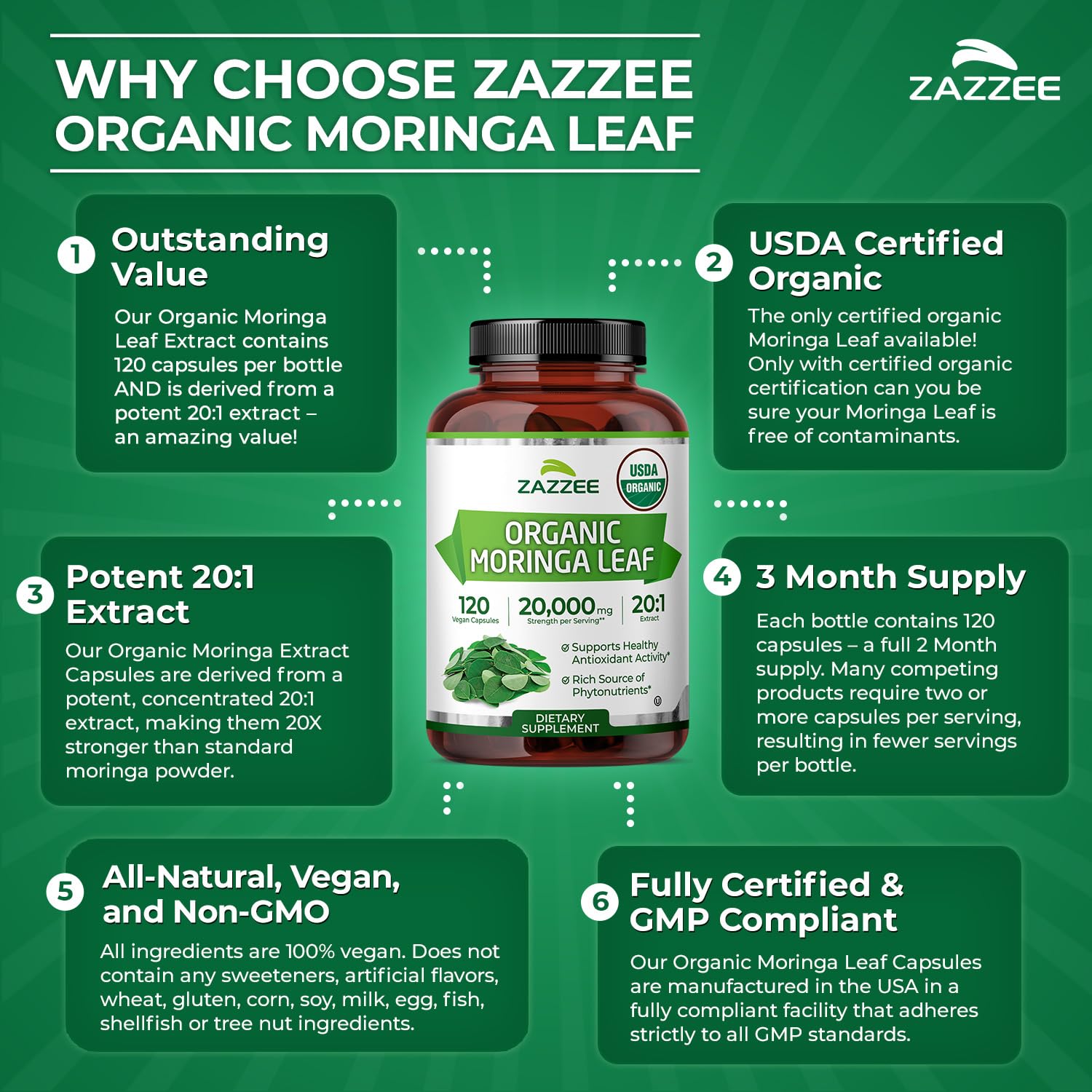Zazzee Moringa extracto 20:1: potencia concentrada para dosis diaria.