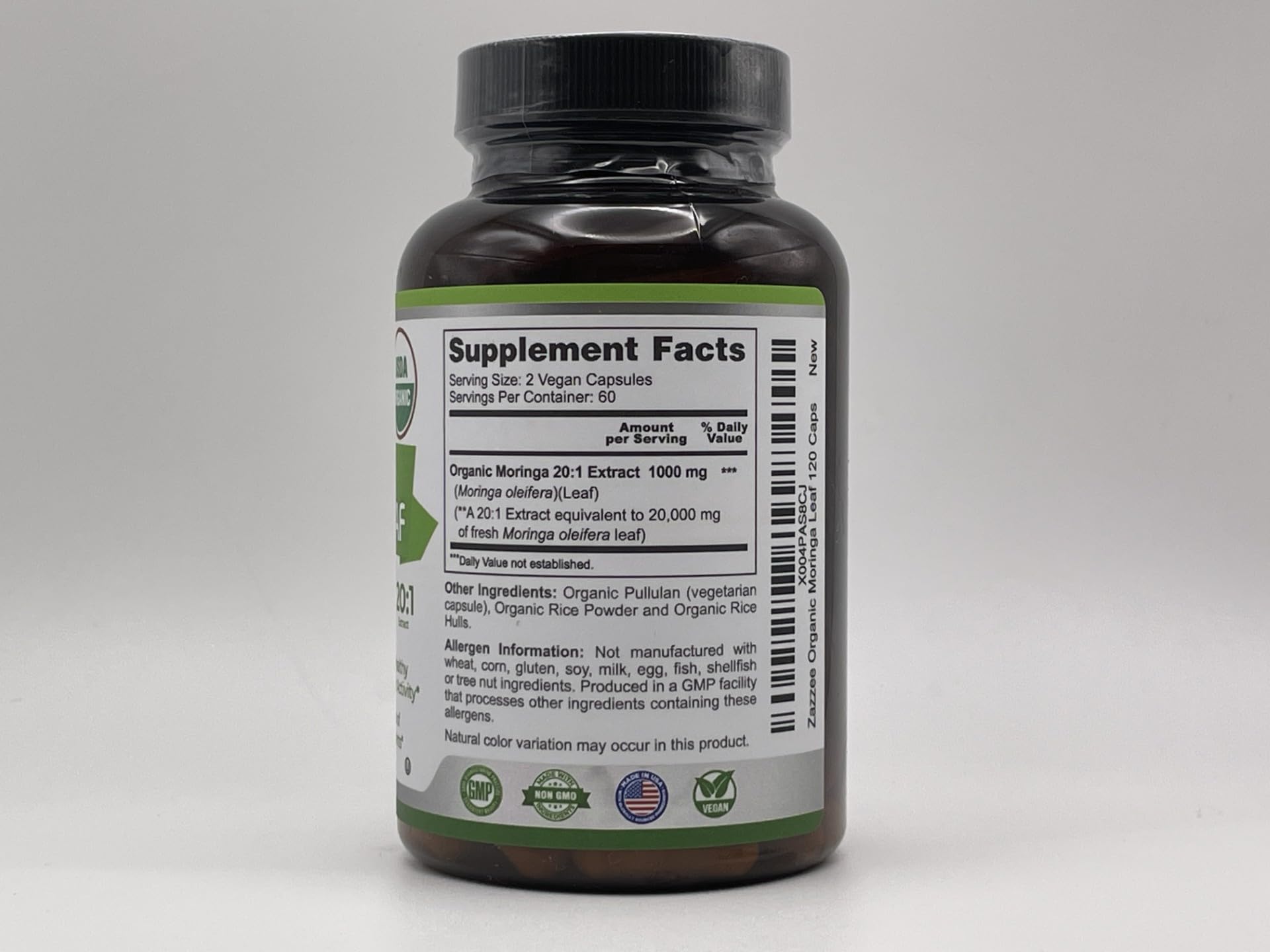 Zazzee Moringa cápsulas veganas para estilo de vida saludable.