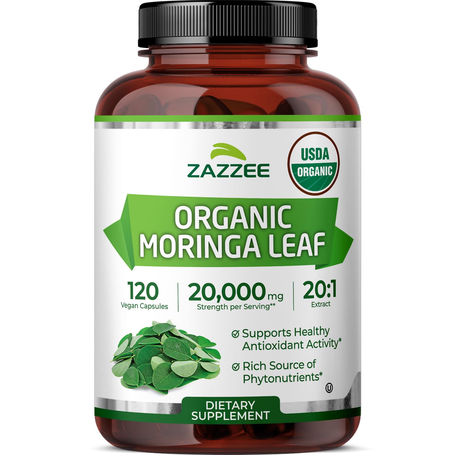 Zazzee Moringa orgánica: cápsulas veganas de 120 unidades para uso diario.