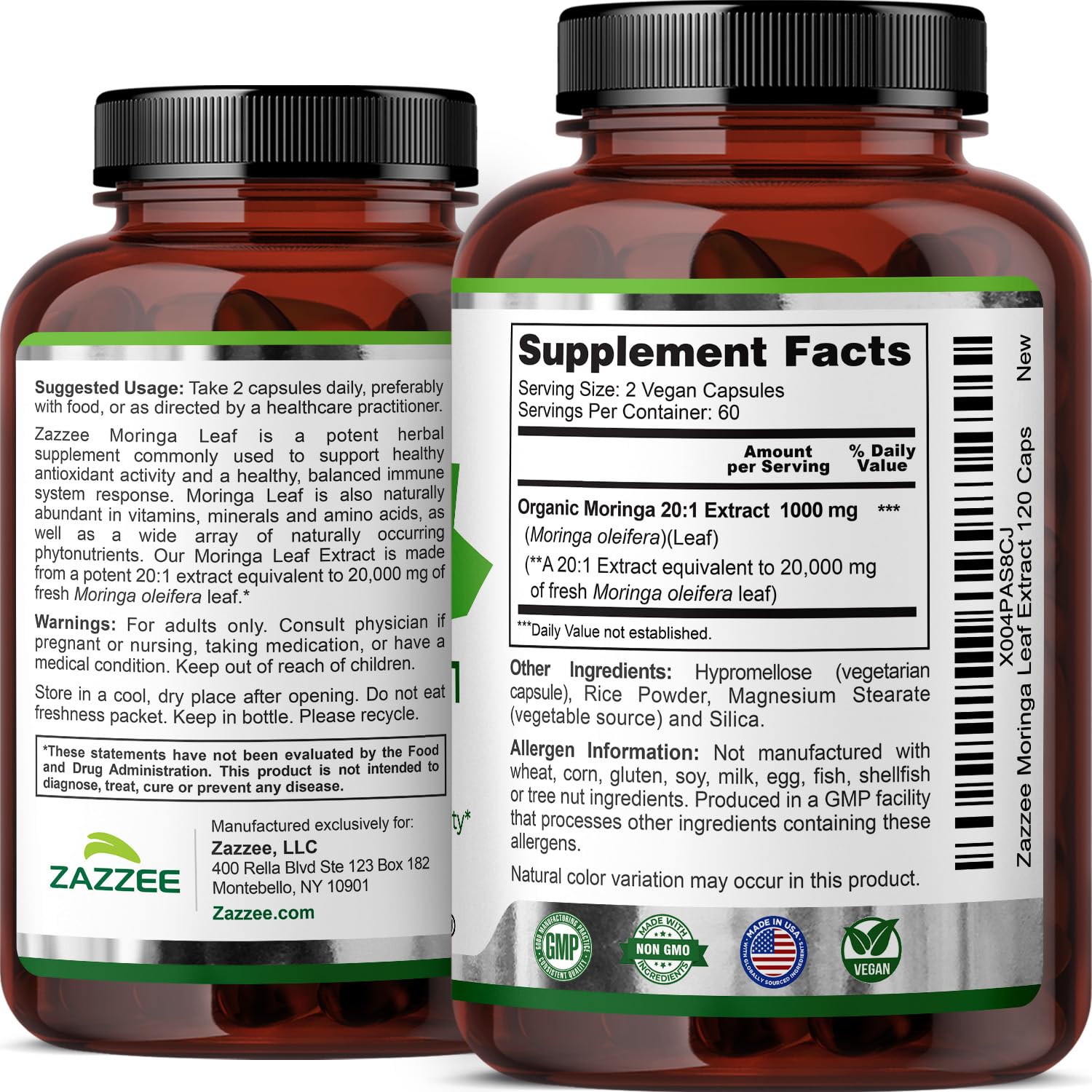 Zazzee Moringa envase de 120 cápsulas para dos meses de uso.