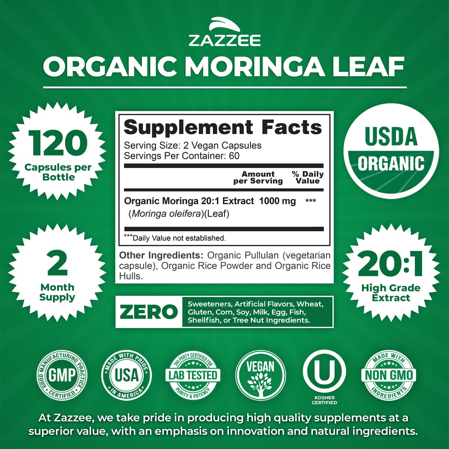 Zazzee Moringa vegana y kosher: cápsulas puras y no-GMO.