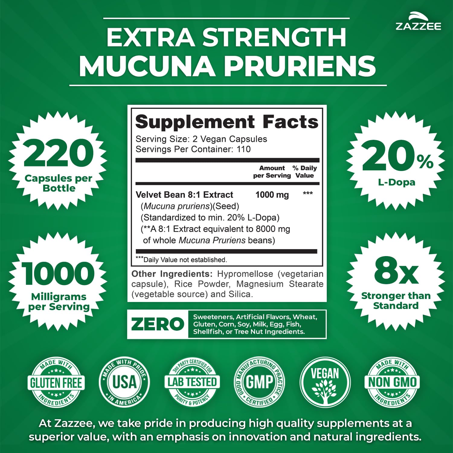 Zazzee Mucuna Pruriens cápsulas 1000 mg para ingesta diaria