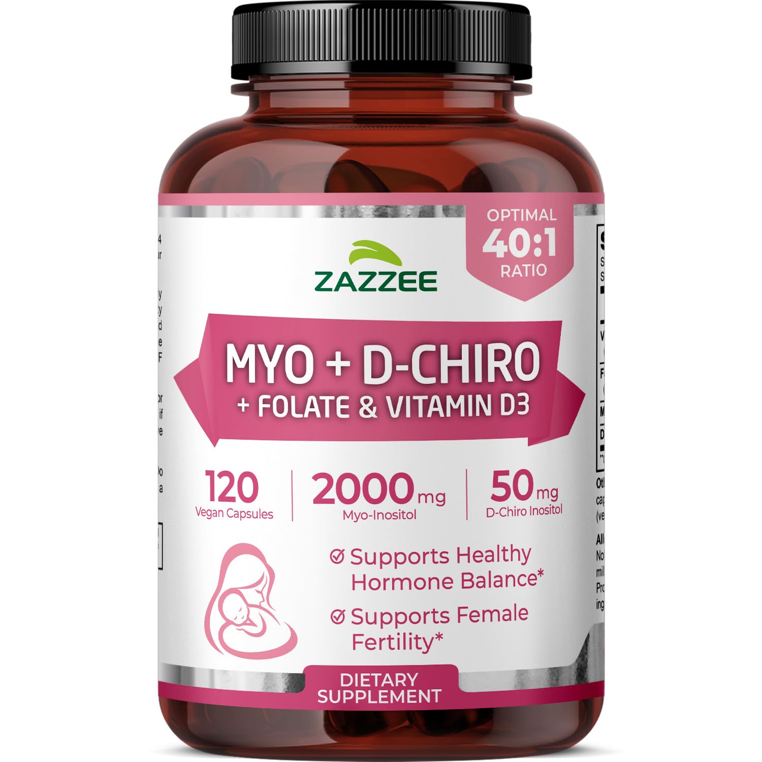 Zazzee Myo-D-Chiro Inositol, botella de pastillas, equilibrio hormonal suave para mujeres.