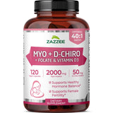 Zazzee Myo-D-Chiro Inositol, botella de pastillas, equilibrio hormonal suave para mujeres.