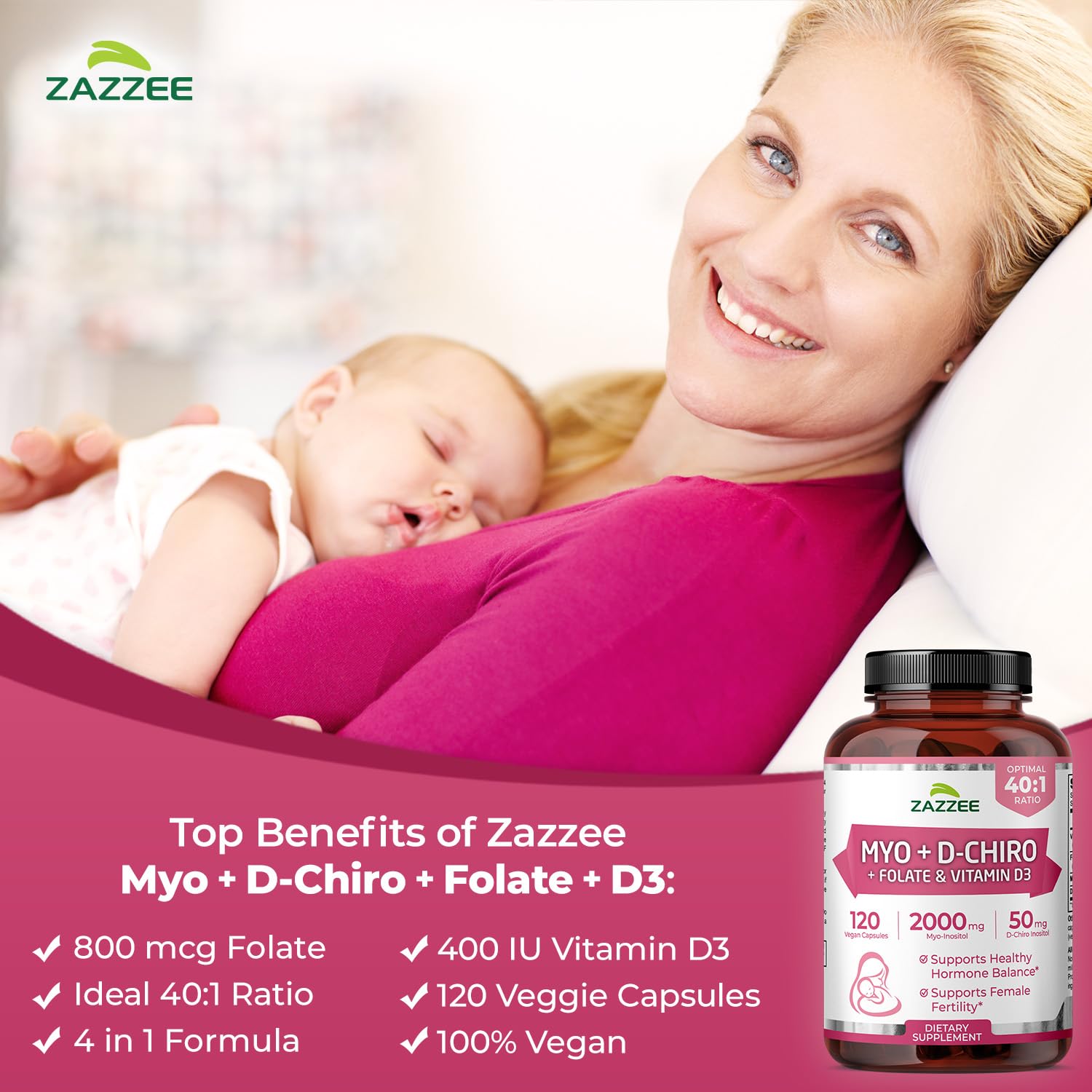 Caja de empaque Zazzee Myo-D-Chiro Inositol con información clara y beneficios.