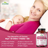 Caja de empaque Zazzee Myo-D-Chiro Inositol con información clara y beneficios.
