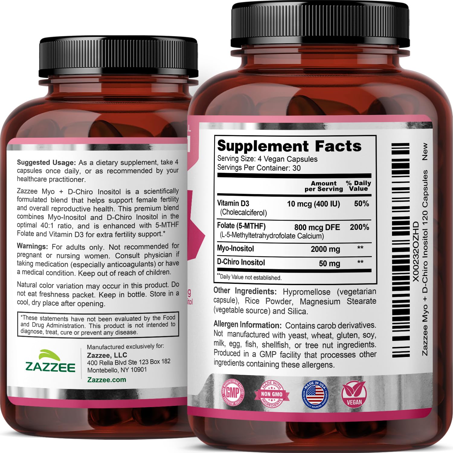 Zazzee Myo-D-Chiro Inositol, medidas de dosificación y porciones: 30 porciones por envase.